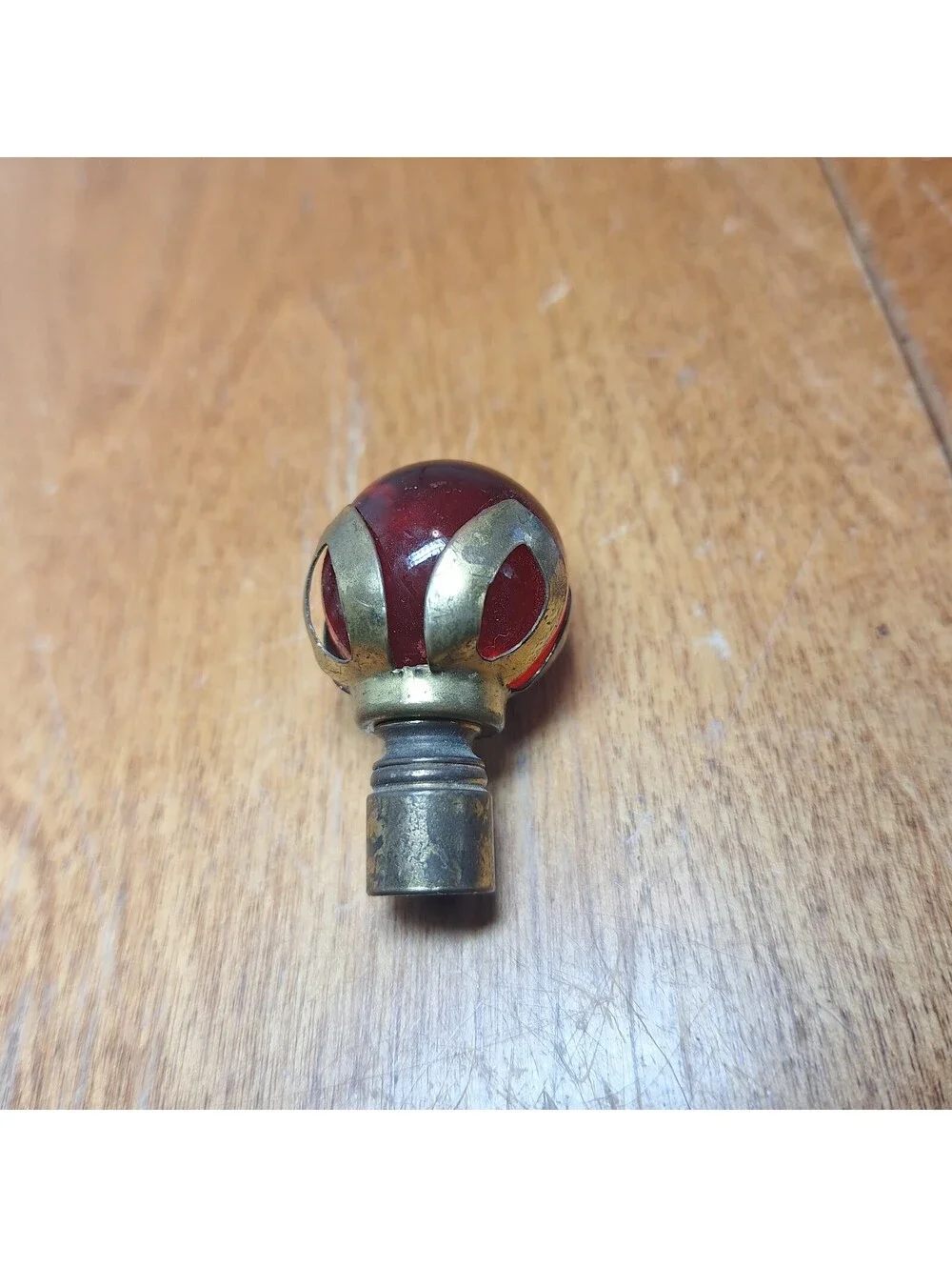 Vintage Art Deco Ruby Red Glass Marble Lamp Finial Wrapped In Brass 1.5
